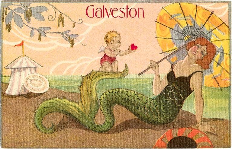Postcard TX-662 Mermaid with Parasol, Galveston
